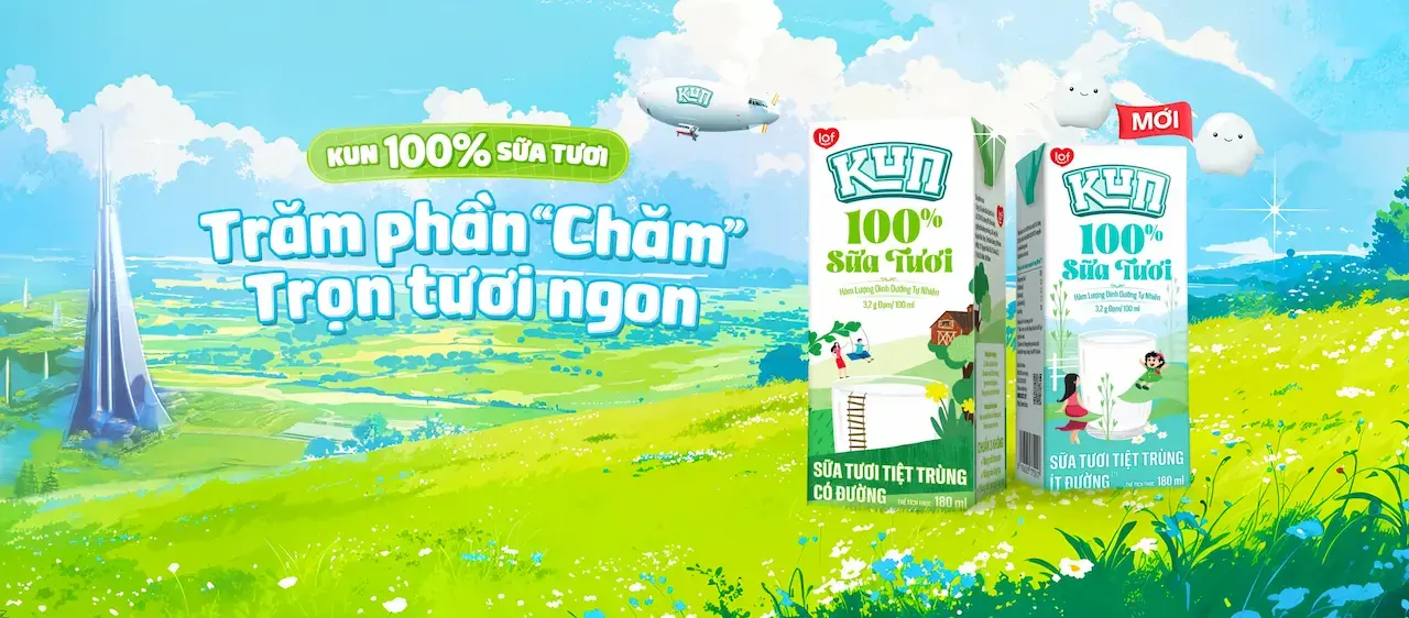Kun 100% sữa tươi chế biến từ sữa tươi chất lượng, nguồn sữa được chọn lọc từ đàn bò chăn nuôi theo mô hình TRANG TRẠI BÒ SỮA TẬP TRUNG ứng dụng công nghệ tiên tiến trên thế giới